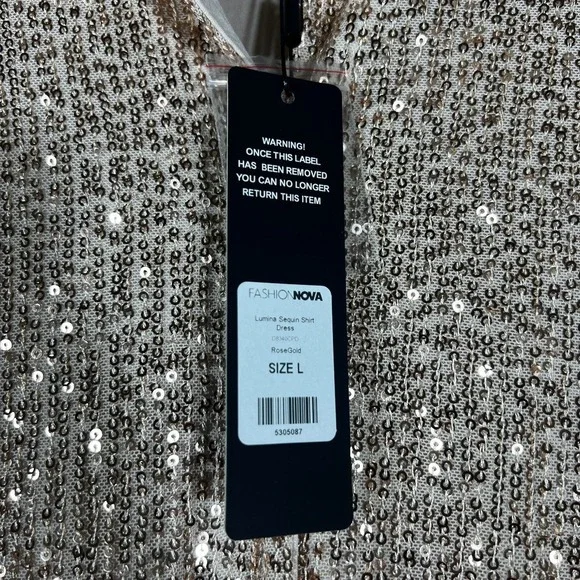 NWT Fashion Nova Lumina Sequin Shirt Dress Rose Gold Glam Party Size L - Picture 8 of 8
